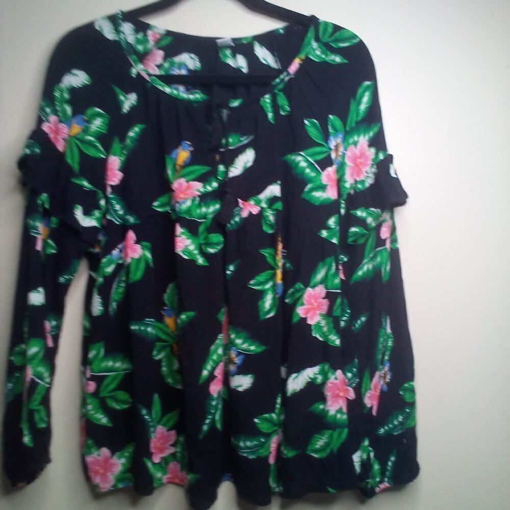 Old Navy Blouse S Long Sleeve Floral Tropical Black Green